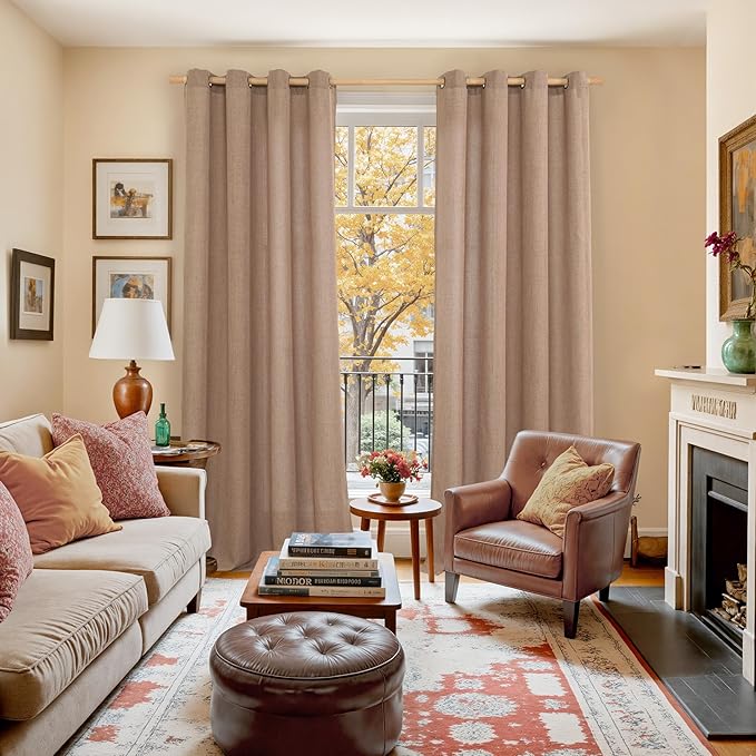 YoungsTex Linen Semi Sheer Curtains 72 Inches Length for Living Room, Mocha Light Filtering Drapes with Bronze Grommet for Bedroom Fall Decor, 2 Panels, 52 X 72 Inch