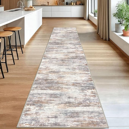 KOZYFLY Modern Abstract Washable Rug Runner 2.6x14 Hallway Rug Runner Non-Slip Soft Kitchen Runner Rugs, Multi Grey Striped Carpet for Entryway Bathroom Laundry Room Foyer