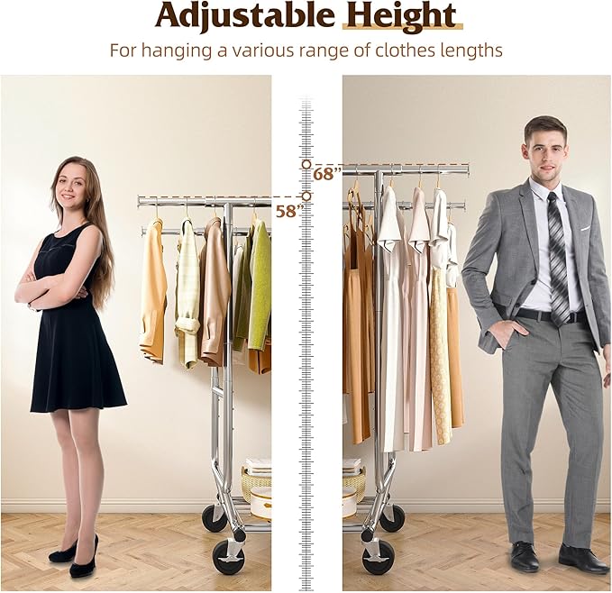 Raybee Clothes Rack Load 630LBS, Heavy Duty Clothes Rack, Rolling Clothing Racks for Hanging Clothes with Wheels, Adjustable & Commercial Garment Rack, 22" D x 75" W x 68" H