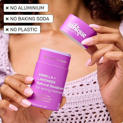 Ethique Beauty Vanilla & Lavender Deodorant Stick for Men & Women - Aluminum-Free, Plastic-Free, Vegan, Cruelty-Free, Eco-Friendly, 2.5 oz