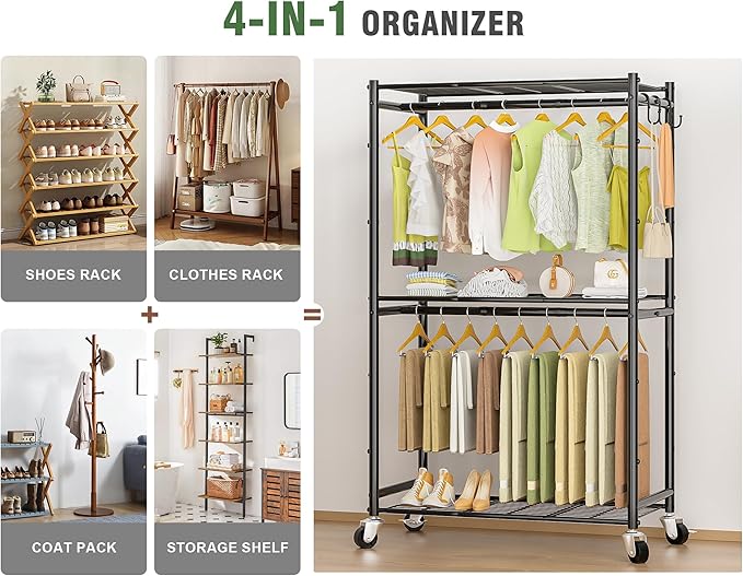 Rolling Clothes Rack for Hanging Clothes, Metal Clothing Garment Rack with Double Rods & 3 Wire Shelves, Portable Wardrobe Closet with Wheels