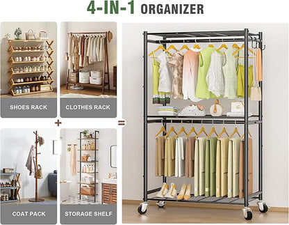 Rolling Clothes Rack for Hanging Clothes, Metal Clothing Garment Rack with Double Rods & 3 Wire Shelves, Portable Wardrobe Closet with Wheels