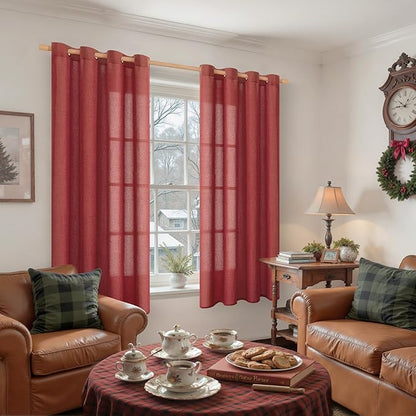 YoungsTex Red Linen Curtains 63 Inch Length 2 Panels for Living Room, Light Filtering Window Drapes with Bronze Grommet Privacy Christmas Decorative for Bedroom, 52 x 63 Inch