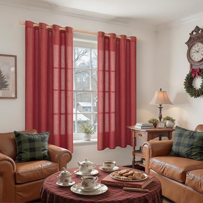 YoungsTex Red Linen Curtains 68 Inch Length for Living Room, Light Filtering Window Drapes with Bronze Grommet Privacy Christmas Decorative for Bedroom, 52 x 68 Inch, 2 Panels