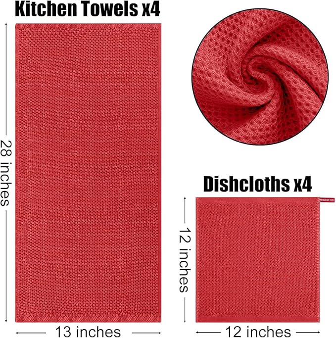 Kitinjoy 100% Cotton Kitchen Towels and Dishcloths Set, 8 Pack Waffle Weave Dish Towels Ultra Soft Absorbent Quick Drying Dish Rags, 13 x 28 Inch and 12 X 12 Inch, Red
