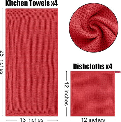 Kitinjoy 100% Cotton Kitchen Towels and Dishcloths Set, 8 Pack Waffle Weave Dish Towels Ultra Soft Absorbent Quick Drying Dish Rags, 13 x 28 Inch and 12 X 12 Inch, Red