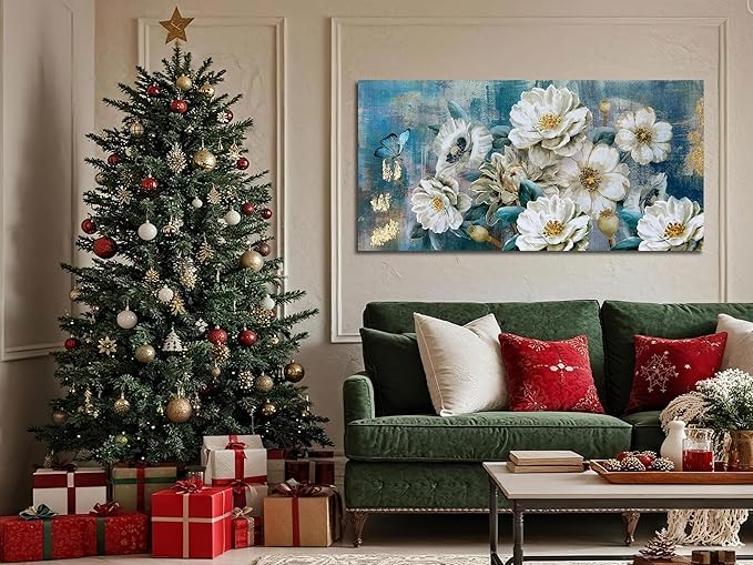 Arjun Flowers Canvas Wall Art for Bedroom White Elegant Teal Picture, Textured Floral Magnolia Painting Living Room Wall Decor Turquoise Large Artwork Bathroom Dining Room Home Office 40"x20"