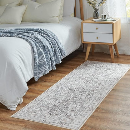 jinchan Runner Rug 2x6 - Vintage Hallway Machine Washable Rug Floral Non Slip with Rubber Backing Ultra-Thin Carpet Runner for Kitchen Bedroom Laundry Room Farmhouse Entryway (2x6ft,Taupe)