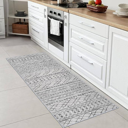 KUTA Boho Washable Runner Rug 2x5 ft Grey Moroccan Washable Runners for Hallways Non-Slip Vintage Kitchen Rug Ultra Soft Distressed Geometric Floor Carpet for Bedroom Laundry Living Room