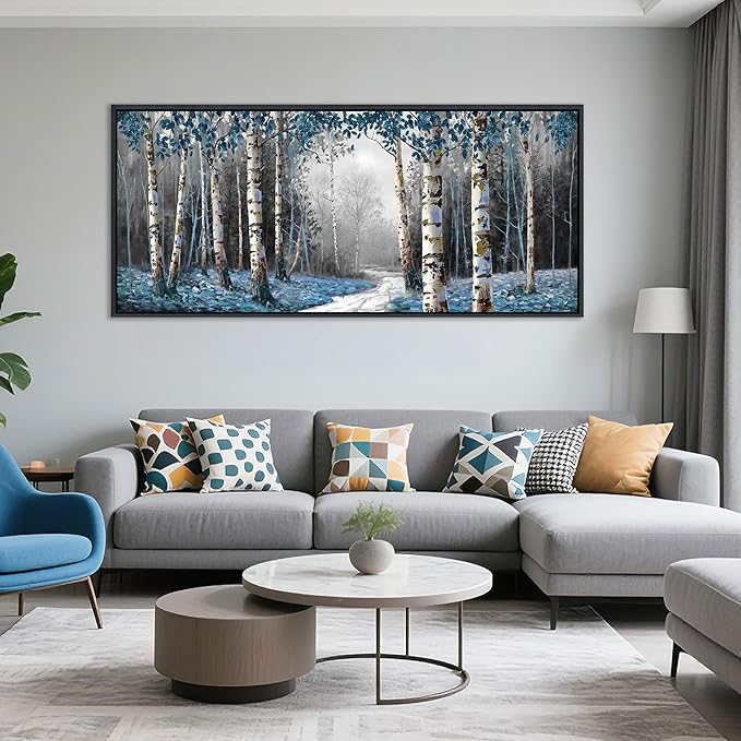 HKDGOKA Large Landscape Wall Art, Gray Blue Birch Tree Abstract Canvas Painting Picture Modern Misty Forest Artwork Framed for Living Room Bedroom Office Kitchen Home Wall Decor 71"x32"