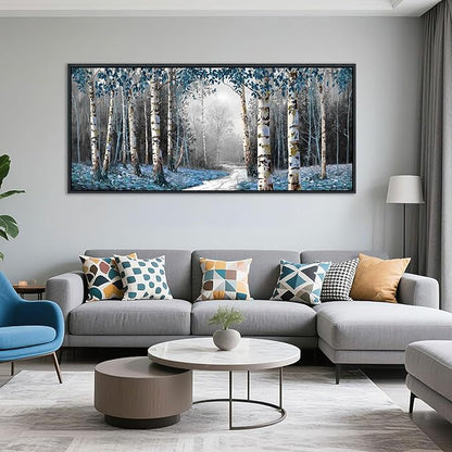 HKDGOKA Large Landscape Wall Art, Gray Blue Birch Tree Abstract Canvas Painting Picture Modern Misty Forest Artwork Framed for Living Room Bedroom Office Kitchen Home Wall Decor 71"x32"