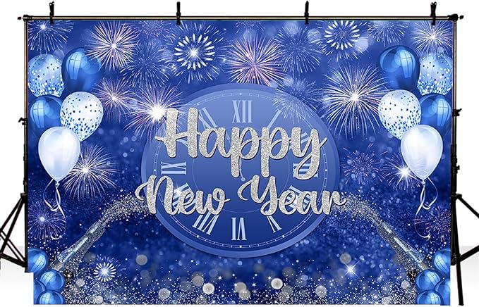 MEHOFOND 8x6ft Happy New Year Backdrop Blue 2026 New Year Eve Party Decorations Banner Supplies Shining Champagne Balloons Firework Photography Background New Years Eve Photo Studio Props