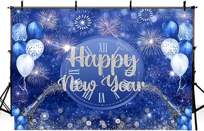 MEHOFOND 8x6ft Happy New Year Backdrop Blue 2026 New Year Eve Party Decorations Banner Supplies Shining Champagne Balloons Firework Photography Background New Years Eve Photo Studio Props