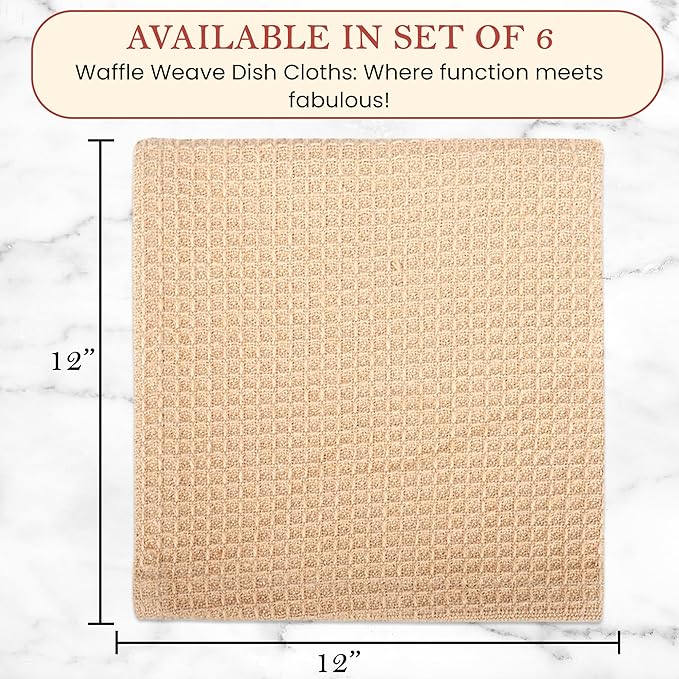 Vintage Vista 100% Cotton Waffle Dish Cloths (Pack of 6) - Dish Rags for Washing Dishes - Reusable & Highly Absorbent Kitchen Towels - Kitchen Rags for Christmas - (12" x 12" - Beige)