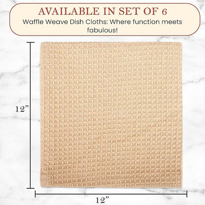 Vintage Vista 100% Cotton Waffle Dish Cloths (Pack of 6) - Dish Rags for Washing Dishes - Reusable & Highly Absorbent Kitchen Towels - Kitchen Rags for Christmas - (12" x 12" - Beige)
