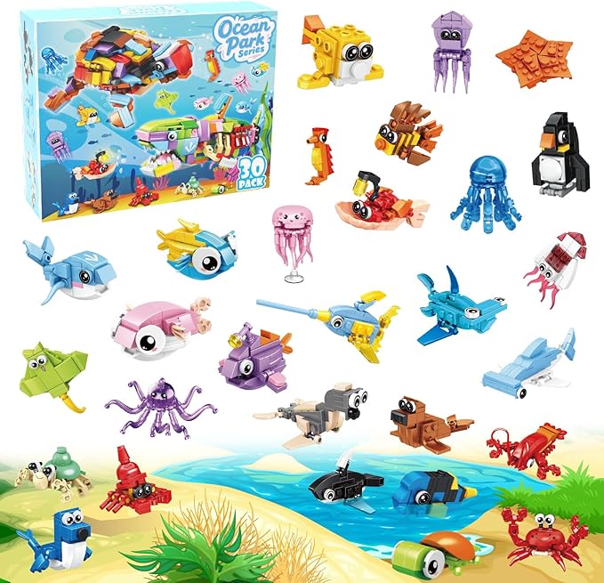 30 Packs Ocean Party Favors for Kids 895 PCS Mini Marine Animals Building Blocks for Goodie Bag Stuffers Bulk Classroom Prizes Easter Basket Birthday Party Favors for Boys Girls Ages 6-8-12