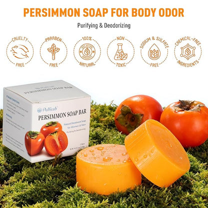120G Round Persimmon Soap for Body Odor & Old People Smell Eliminator, Natural Purifying Deodorizing Soap for Women & Men, 2 Bars