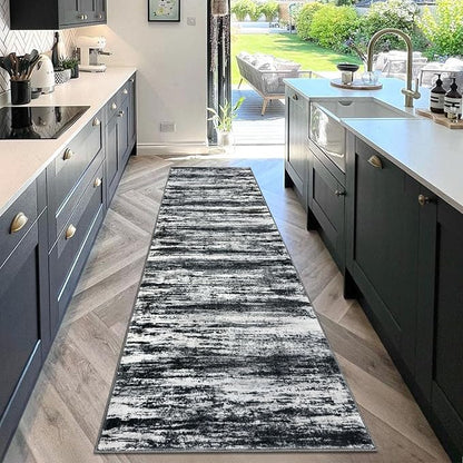 KOZYFLY Modern Abstract Washable Rug Runner 2.6x10 Hallway Rug Runner Non-Slip Soft Kitchen Runner Rugs, Black Navy Blue Grey Striped Carpet for Entryway Bathroom Laundry Room Foyer