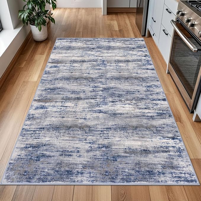 KOZYFLY 4x6 Area Rug Modern Ombre Washable Rugs for Bedroom Non-Slip Soft Striped Living Room Rugs, Print Grey-Blue Abstract Carpet for Laundry Nursery