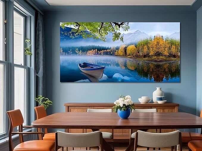 Arjun Lake Canvas Wall Art Blue Mountain Sky Nature Landscape Picture Boat Artwork Modern Scenic Painting Framed for Living Room Bedroom Dinning Room Home Office Wall Decor, Extra Large Size 58"x29"