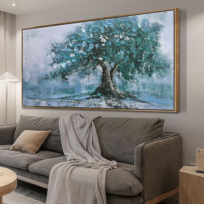 Ardemy Framed Tree Canvas Wall Art for Living Room Teal Tree of Life Landscape Bedroom Pictures Wall Decor Nature Paintings Artwork for Walls Home Office Dining Room Kitchen 58"x29"