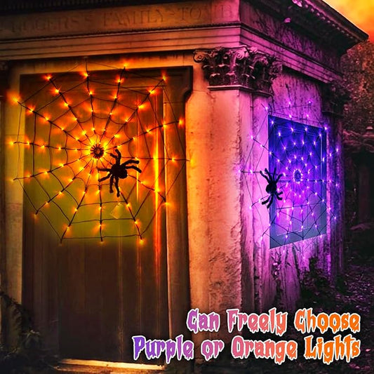 Vanthylit Halloween Decorations, Spider Web Lights for Home, 4FT 84LED Light Up Spiderweb with Black Spider, Halloween Lights for Haunted Window Room Indoor Outdoor Decorations (Orange & Purple)