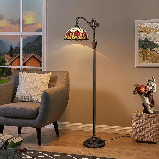 Tiffany Floor Lamp Vintage Standing Lamp Red Tulip Style Stained Glass Floor Light Rustic Corner Gooseneck Floor Lamp with Adjustable Angle for Home Decor Living Room Bedroom 12X12X63 Inches