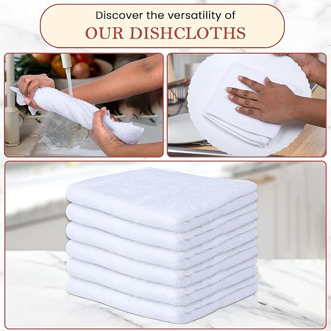 Vintage Vista 100% Cotton Dish Cloths (Pack of 6) - Dish Rags for Washing Dishes - Reusable & Highly Absorbent Kitchen Towels - Kitchen Rags for Christmas - (12" x 16" - White)