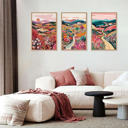 HLNIUC Boho Colorful Wall Art, Floral Mountain Framed Decor(24"x36"), Abstract Wildflower Nature 3 Piece Canvas Painting, Botanical Sunset Forest Art Print for Living Room, Bedroom, Office