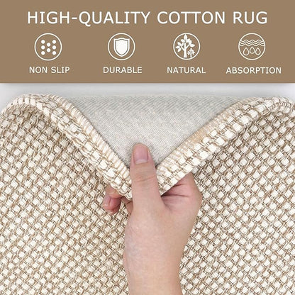 KOZYFLY Long Runners for Hallways 2x12 ft Washable Kitchen Runner Non Slip Rubber Backed Hallway Rugs Cotton Entryway Runner Rug Floor Carpet for Indoor Hall, Backdoor, Kitchen, Ivory/Khaki
