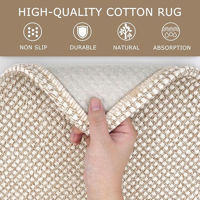 KOZYFLY Washable Area Rug 4x6 ft Non Slip Rubber Backed Living Room Rugs Braided Woven Cotton Kitchen Rugs Indoor Outdoor Entryway Rug Floor Carpet for Dining Living Room Bedroom, Ivory/Khaki
