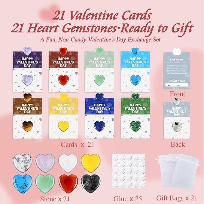 21 Pack Valentine’s Day Gifts for Kids, Valentine’s Day Cards with Heart-Shaped Crystal Gemstones for School Classroom Exchange, Valentine Party Favors&Goody Bag Fillers for Girls and Boys Ages 4–12
