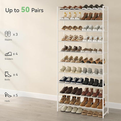 Shoe Rack for Closet, Metal Shoe Organizer, 10 Tier Garage Shoe Rack Max Holds 50 Pairs,Shoe Storage Shelf,Entryway,White