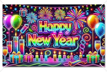 Happy New Year Backdrop 71x43 Inch Neon Style Party Banner Colorful Fireworks Balloons Candles Gift Box Design Large New Year Eve Photo Booth Background Wall Decor