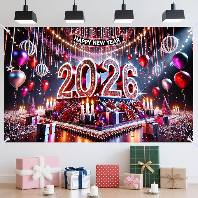 Nuxovilar Happy New Year Banner, 2026 Stage Lights Backdrop for Party Decorations, 71x43 Inch