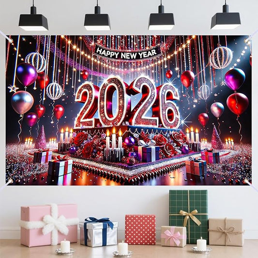 Nuxovilar Happy New Year Banner, 2026 Stage Lights Backdrop for Party Decorations, 71x43 Inch