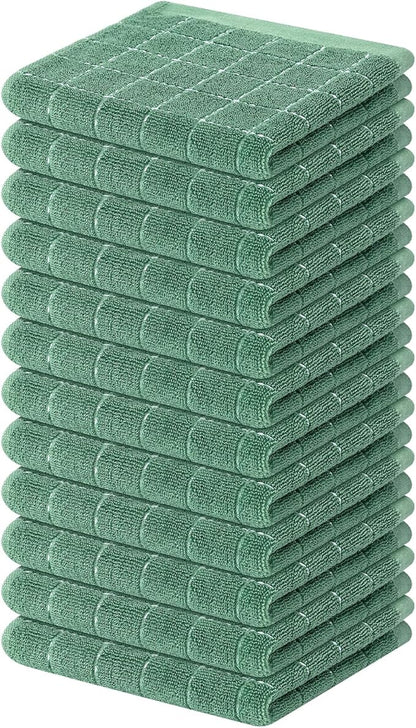 Mordimy 100% Cotton Terry Cloth Dish Cloths, Soft and Absorbent Checkered Dish Towels, Quick Drying Dish Rags for Washing Dishes, 12 Pack, 12 x 12 Inches, Grass Green