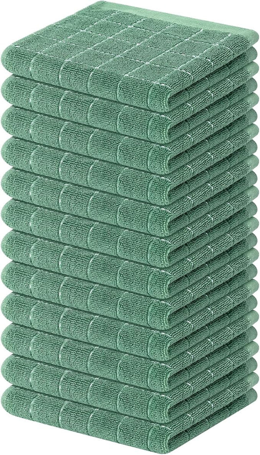 Mordimy 100% Cotton Terry Cloth Dish Cloths, Soft and Absorbent Checkered Dish Towels, Quick Drying Dish Rags for Washing Dishes, 12 Pack, 12 x 12 Inches, Grass Green