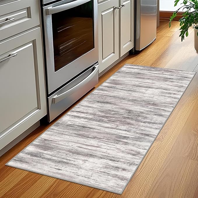 KOZYFLY Modern Abstract Washable Rug Runner 2x5 Hallway Rug Runner Non-Slip Soft Kitchen Runner Rugs, Grey-Beige Striped Carpet for Entryway Bathroom Laundry Room Foyer