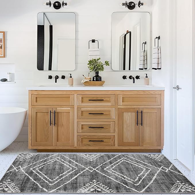 ReaLife Rugs Machine Washable Area Rug Runner - Living Room Bedroom Bathroom Kitchen Entryway Office - Padded Low Pile Stain Resistant Premium - Moroccan Diamond Tribal - Jax - Gray 2'6" x 6'