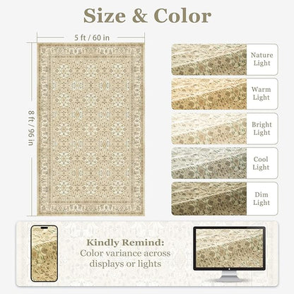 Warm Beige 5x8 Area Rug, Non Slip Washable Rugs for Living Room Bedroom Low Pile Thin Soft, Boho Neutral Floral Moroccan Pattern Printed Carpet Rug for Dining Room Home Office Nursery Playroom