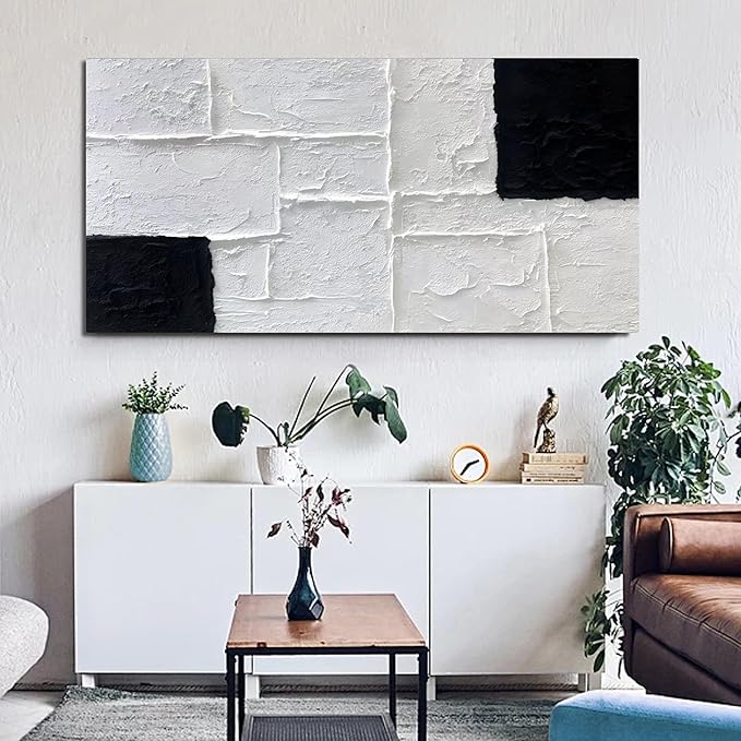Trogonup Black and White Abstract Textured Wall Art for Living Room Rectangle Painting Large Artwork for Bedroom Home Office Ready to Hang 20"x40"