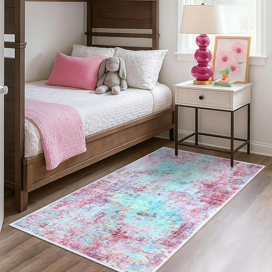 Modern Abstract 3x5 Girls Room Rug, Machine Washable Blush Pink Sky Blue Entryway Rug, Thin Kitchen Mat Non-Slip, Print Faux Wool Soft Floor Carpet for Girl Women's Bedroom Bedside