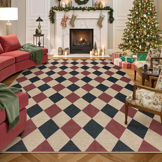 Lahome Christmas Rugs for Living Room, 8x10 Christmas Decorations Red and Black Rug, Checkered Outdoor Non Slip Non Shedding Xmas Decor for Bedroom Dining Room Deck
