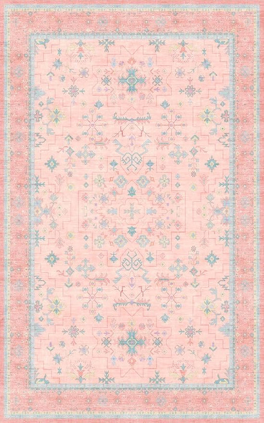 Pink and Blue Washable 5x8 Living Room Rugs, Boho Aethestic Oushak Vintage Area Rug for Bedroom Girls Kids Playroom Nursery Room, Non-Slip Rubber Backing Stain Resistant