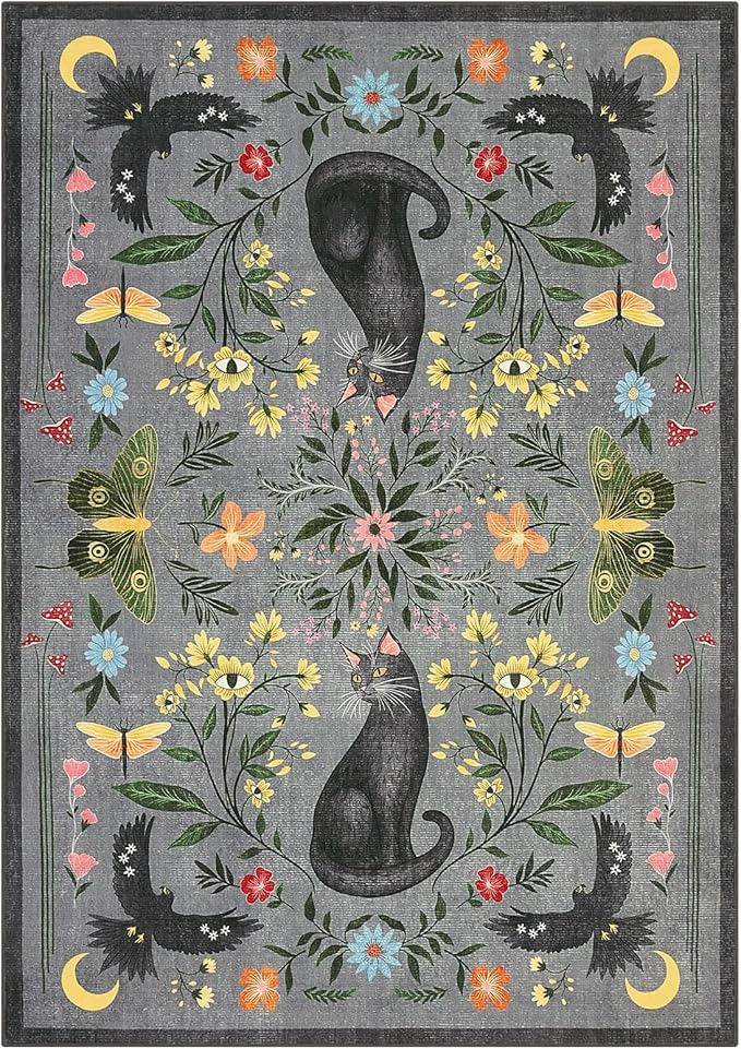 GarveeHome 4x6 Cat Washable Area Rug for Nursery Room, Mushroom Floral Grey Bedroom Rug Non Slip Low Pile Butterfly Carpet Stain Resistant Throw Rug for Dorm Kids Room Office Dining Room
