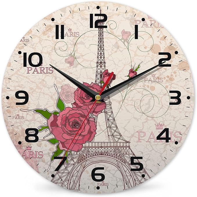 Vintage Eiffel Tower Wall Clock Vintage Wooden Wall Clock Silent Non-Ticking Battery Operated Arabic Numerals Wall Clocks Decorative for Kitchen, Office, Classroom 10 Inch