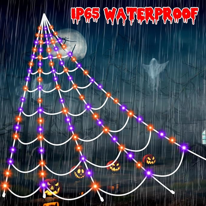 Halloween Decorations Spider Webs Lights: 150 Purple & Orange LED Halloween Lights Decor Outdoor, 17.4Ft Giant Spiderweb with 8 Lighting Modes Waterproof & Timer, Yard Spider Web Decoration