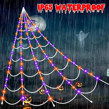 Halloween Decorations Spider Webs Lights: 150 Purple & Orange LED Halloween Lights Decor Outdoor, 17.4Ft Giant Spiderweb with 8 Lighting Modes Waterproof & Timer, Yard Spider Web Decoration
