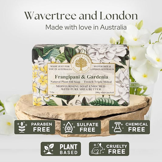 Wavertree & London Frangipani & Gardenia Scented Natural Soap Bar, 7oz Moisturizing French Triple Milled Soap Bar for Women & Men Enriched with Organic Shea Butter, Pure Bath & Body soap bar (1 Bar)